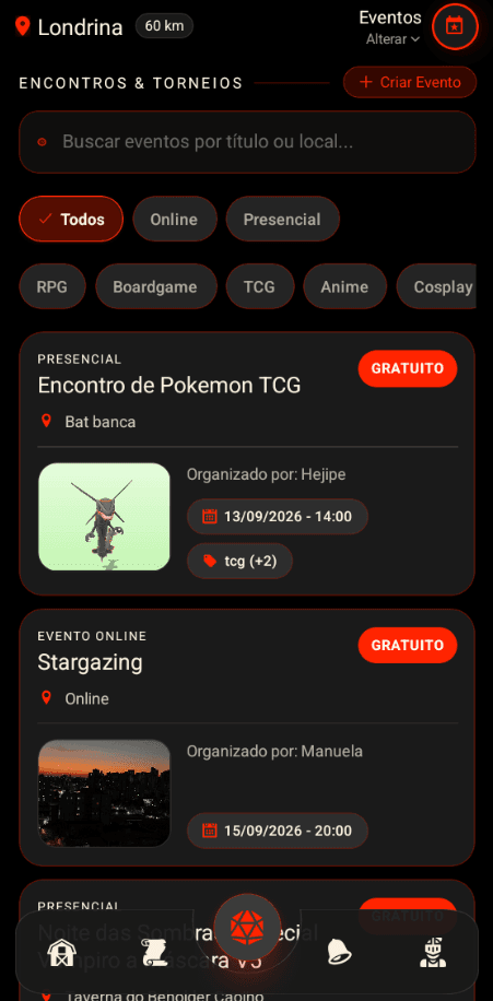 Lista de Eventos no TableForge
